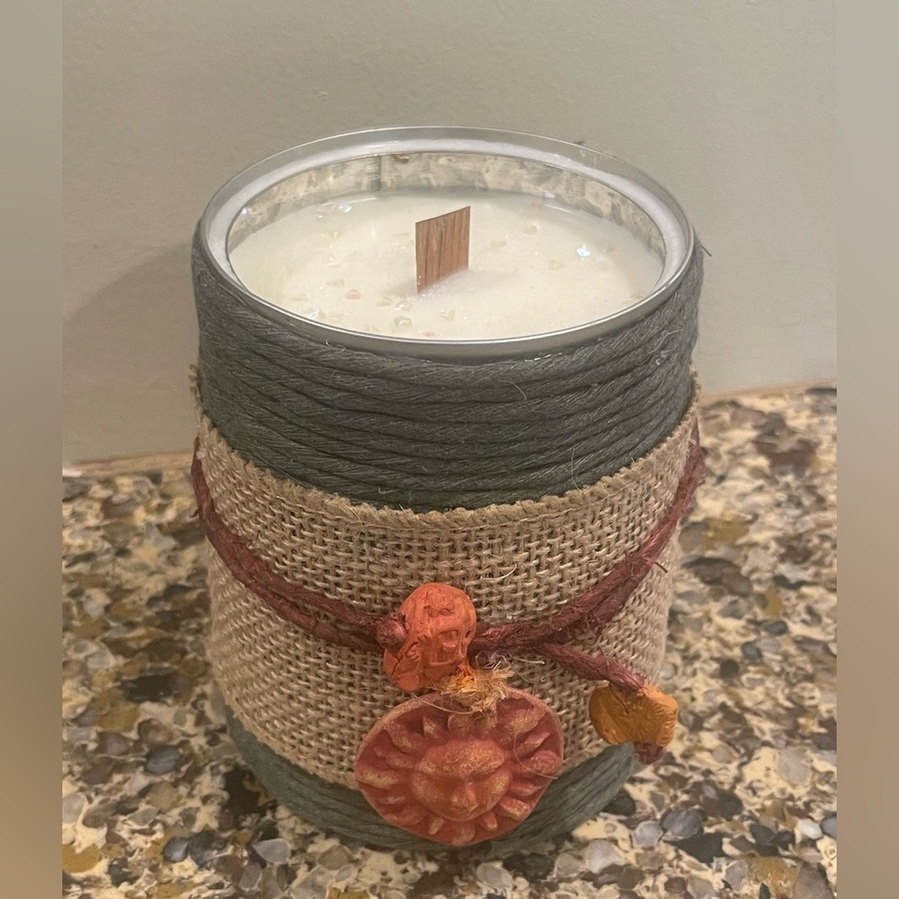 Rustic Green and Tan Candle with Sun Accent. New. - Picture 2 of 3
